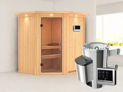 Sauna Systemsauna Tonja mit Dachkranz, Klarglas Ganzglastür + Plug & Play Saunaofen mit ext. Strg Produktbild #1