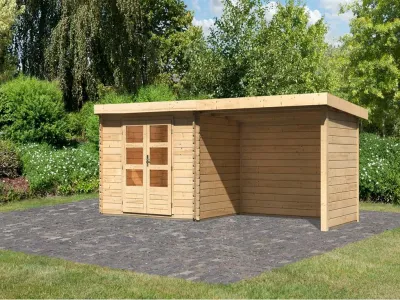 Gartenhaus Blockbohlenhaus SET Bastrup 3 28 mm naturbelassen, inkl. 3 m Anbaudach + Seiten-/Rückwand Produktbild #1