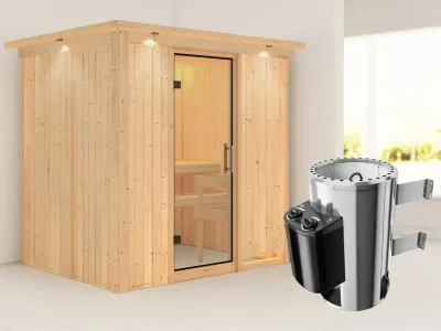 Sauna Systemsauna Fanja mit Dachkranz, Klarglas Ganzglastür + Plug & Play Saunaofen mit Steuerung Produktbild #1