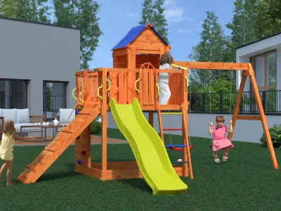 Spielturm Treehouse teakfarben inkl. Doppelschaukel + Rutsche Produktbild #5