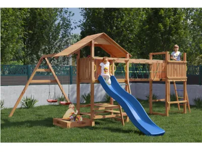 Spielturm Smart 1 Bridge teakfarben inkl. Rutsche blau Produktbild #1