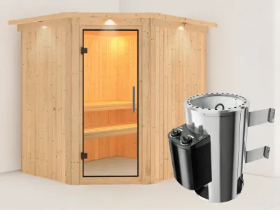 Sauna Systemsauna Lilja mit Dachkranz, Klarglas Ganzglastür + Plug & Play Saunaofen mit Steuerung Produktbild #1