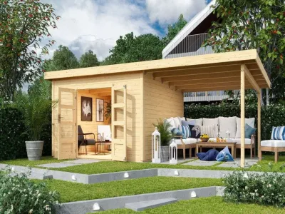 Gartenhaus SET Northeim 5 – mit naturbelassenem Holz, inkl. 3,3 m Anbaudach Produktbild #1