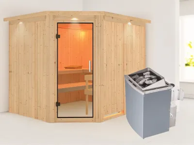 Sauna Systemsauna Malin mit Dachkranz, Klarglas Ganzglastür + 9 kW Saunaofen mit Steuerung Produktbild #1