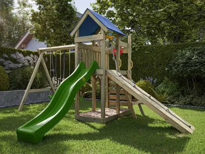 Spielturm Hefty KDI inkl. Doppelschaukel inkl. Rutsche grün + Sitze grün Produktbild #1