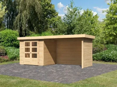 Gartenhaus SET Askola 3 19 mm naturbelassen, inkl. 2,8 m Anbaudach + Seiten- und Rückwand Produktbild #1