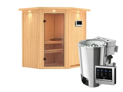 Sauna Systemsauna Tonja mit Dachkranz, Klarglas Ganzglastür + Plug & Play Bio-Ofen mit externer Steuerung Produktbild #4