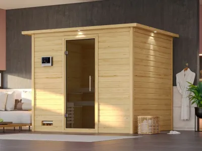 Massivholzsauna Sonara mit Dachkranz graphit Ganzglastür Produktbild #1