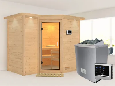 Sauna Massivholzsauna Sahib 2 mit Dachkranz, Klarglas Ganzglastür + 9 kW Saunaofen mit ext.Strg Produktbild #1