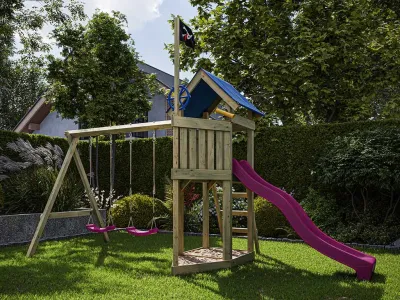 Spielturm Pirat Captain Jolly KDI mit Doppelschaukel inkl. Rutsche pink + Sitze pink Produktbild #1