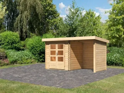 Gartenhaus Blockbohlenhaus SET Bastrup 2 28 mm naturbelassen, inkl. 2 m Anbaudach + Seiten-/Rückwand Produktbild #3