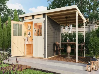 Gartenhaus SET Glücksburg 3 19 mm terragrau inkl. 1,9 m Anbaudach Produktbild #1