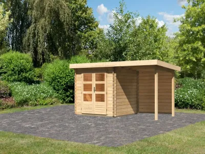 Gartenhaus Blockbohlenhaus SET Bastrup 2 28 mm naturbelassen, inkl. 2 m Anbaudach + Rückwand Produktbild #1