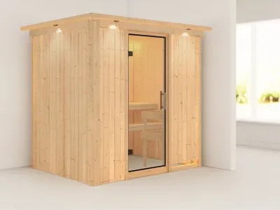 Sauna Systemsauna Bodin mit Dachkranz, Klarglas Ganzglastür Produktbild #1