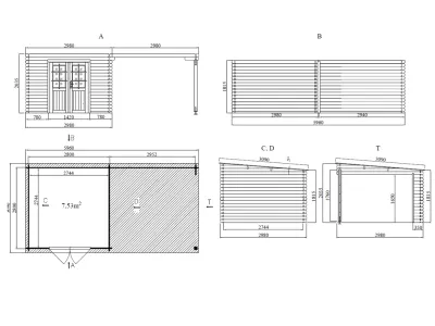 Gartenhaus Blockbohlenhaus CA2977 28 mm naturbelassen mit 3 m Anbau Produktbild #5