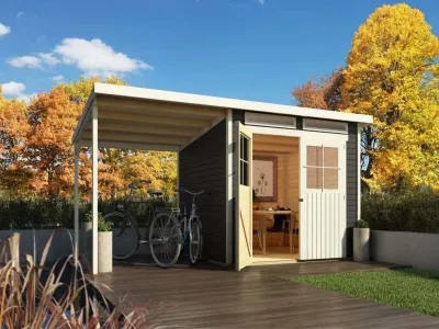 Gartenhaus SET Glücksburg 4 19 mm terragrau inkl. 1,9 m Anbaudach Produktbild #1