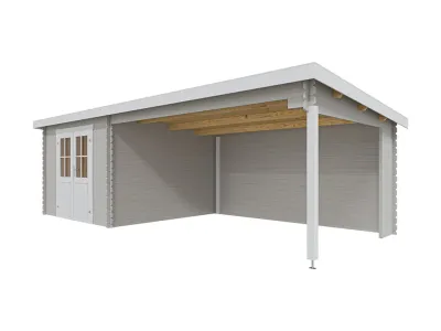 Gartenhaus Blockbohlenhaus St. Louis Exklusiv 28 mm lichtgrau mit 4 m Anbau Produktbild #7