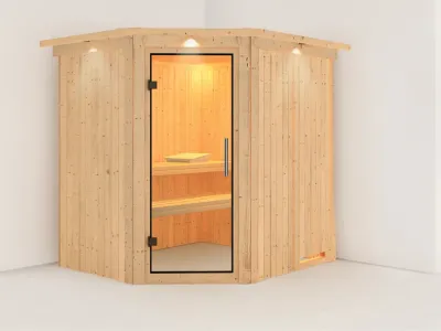 Sauna Systemsauna Siirin mit Dachkranz, Klarglas Ganzglastür Produktbild #1