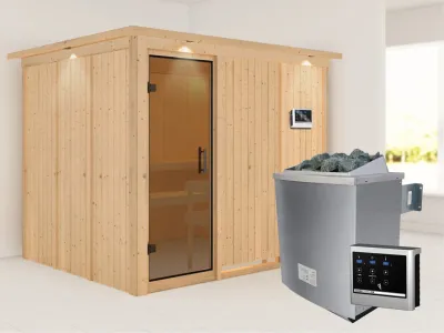 Systemsauna Gobin mit Dachkranz, graphit Ganzglastür, inkl. 9 kW Saunaofen ext. Steuerung Produktbild #1