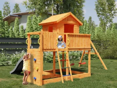Spielturm Galaxy L inkl. Doppelschaukel teakfarben + Rutsche grau Produktbild #1