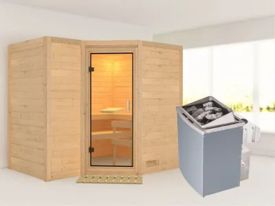 Sauna Massivholzsauna Sahib 2 Klarglas Ganzglastür + 9 kW Saunaofen mit Steuerung Produktbild #1