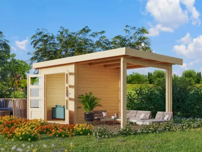Gartenhaus Kolding 1 28 mm naturbelassen inkl. Anbaudach 2,4 m Produktbild #1