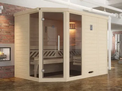 Sauna Massivholz-Elementsauna Kemi Eck 2 inkl. Fenster, Edelstahlset + Komfortpaket Produktbild #1