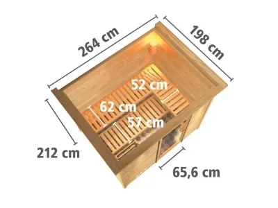Massivholzsauna Sonara mit Dachkranz, bronzierte Ganzglastür, inkl. 9 kW Ofen ext. Steuerung Produktbild #8