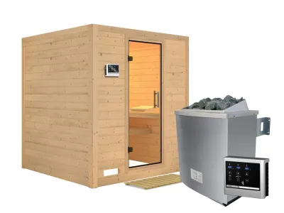 Sauna Massivholzsauna Mojave Klarglas Ganzglastür + 9 kW Saunaofen mit externe Steuerung Produktbild #7