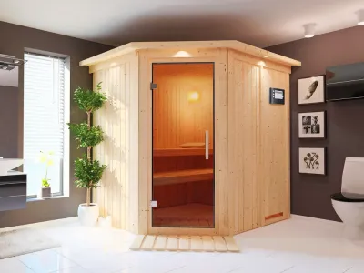 Sauna Systemsauna Lilja mit Dachkranz, graphit Ganzglastür + Plug & Play Bio-Ofen mit ext. Strg Produktbild #1