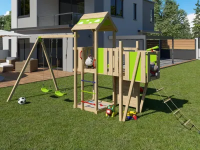 Spielturm Louanne inkl. Doppelschaukel, Kletterwand + Rutsche grün-rot Produktbild #2