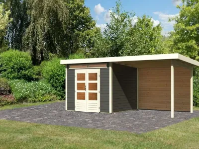 Gartenhaus SET Kandern 6 28 mm terragrau, inkl. 3,2 m Anbaudach + Rückwand Produktbild #1