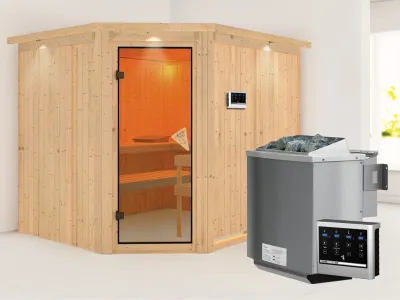 Systemsauna Malin mit Dachkranz, bronzierte Ganzglastür, inkl. 9 kW Bio-Kombiofen ext. Steuerung Produktbild #1