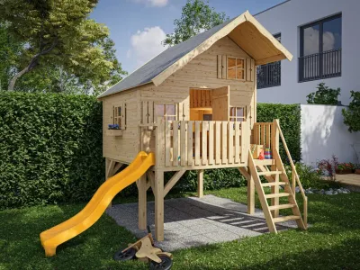 Stelzenhaus Tom XL 15 mm naturbelassen inkl. Veranda, Stelzen und Rutsche gelb Produktbild #1