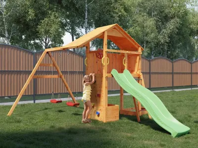 Spielturm Smart 4 teakfarben inkl. Rutsche grün Produktbild #1