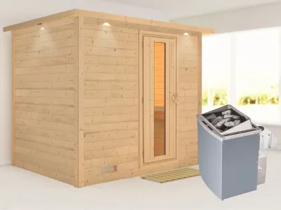 Massivholzsauna Sonara mit Dachkranz, Holztür mit Isolierglas, inkl. 9 kW Ofen integr. Steuerung Produktbild #1