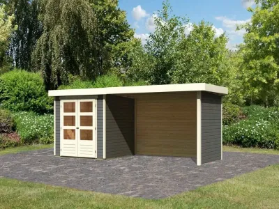 Gartenhaus Askola 2 19 mm terragrau inkl. 2,8 m Anbaudach + Seiten- und Rückwand Produktbild #1