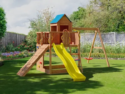 Spielturm Treehouse teakfarben inkl. Doppelschaukel + Rutsche Produktbild #2