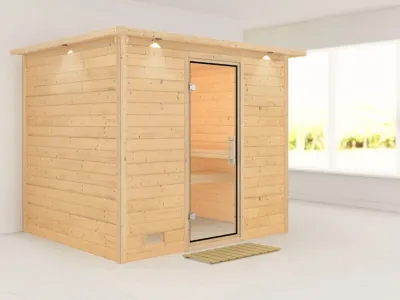 Massivholzsauna Sonara mit Dachkranz Klarglas Ganzglastür Produktbild #2