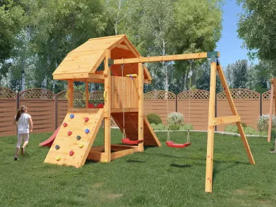 Spielturm Buffalo teakfarben inkl. Doppelschaukel + Rutsche rot Produktbild #2