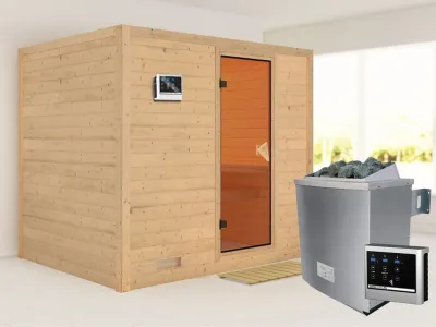 Massivholzsauna Sonara bronzierte Ganzglastür, inkl. 9 kW Ofen ext. Steuerung Produktbild #1