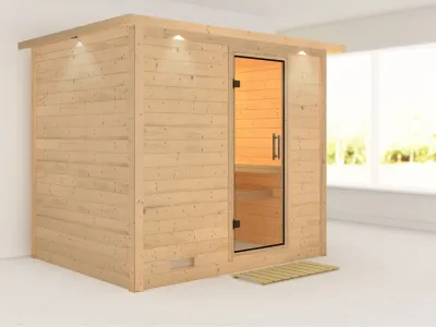 Sauna Massivholzsauna Sonara mit Dachkranz, Klarglas Ganzglastür Produktbild #1