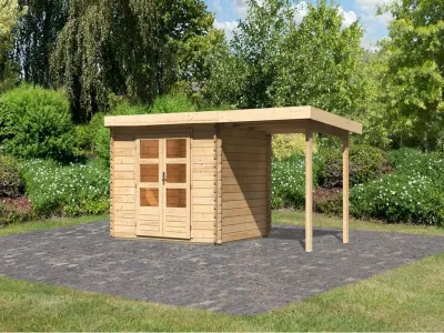 Gartenhaus Blockbohlenhaus SET Bastrup 3 28 mm naturbelassen, inkl. 2 m Anbaudach Produktbild #1