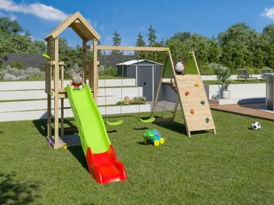 Spielturm Malou inkl. Doppelschaukel, Kletterpodest mit Rutsche grün-rot Produktbild #1