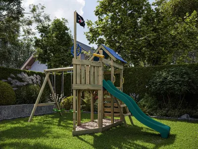 Spielturm Pirat Captain Snappy KDI mit Doppelschaukel inkl. Rutsche türkis + Sitze grün Produktbild #3