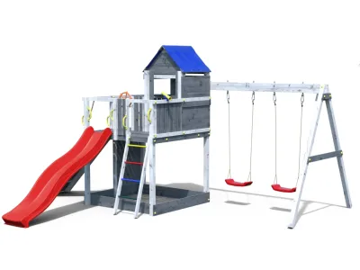 Spielturm Treehouse grau-weiß inkl. Doppelschaukel + Rutsche Produktbild #6