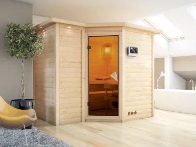 Massivholzsauna Sahib 2 mit Dachkranz, bronzierte Ganzglastür, inkl. 9 kW Bio-Ofen ext. Steuerung Produktbild #1