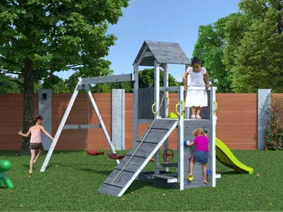 Spielturm Floppi grau-weiß inkl. Doppelschaukel + Rutsche Produktbild #1