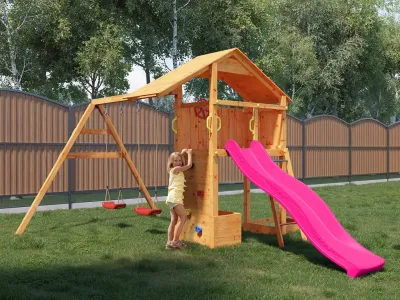 Spielturm Smart 4 teakfarben inkl. Rutsche pink Produktbild #1