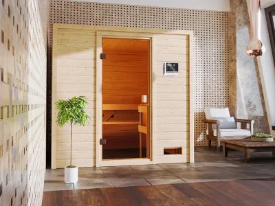 Sauna Adelina mit bronzierter Glastür + 9 kW Saunaofen ext. Strg. Produktbild #1
